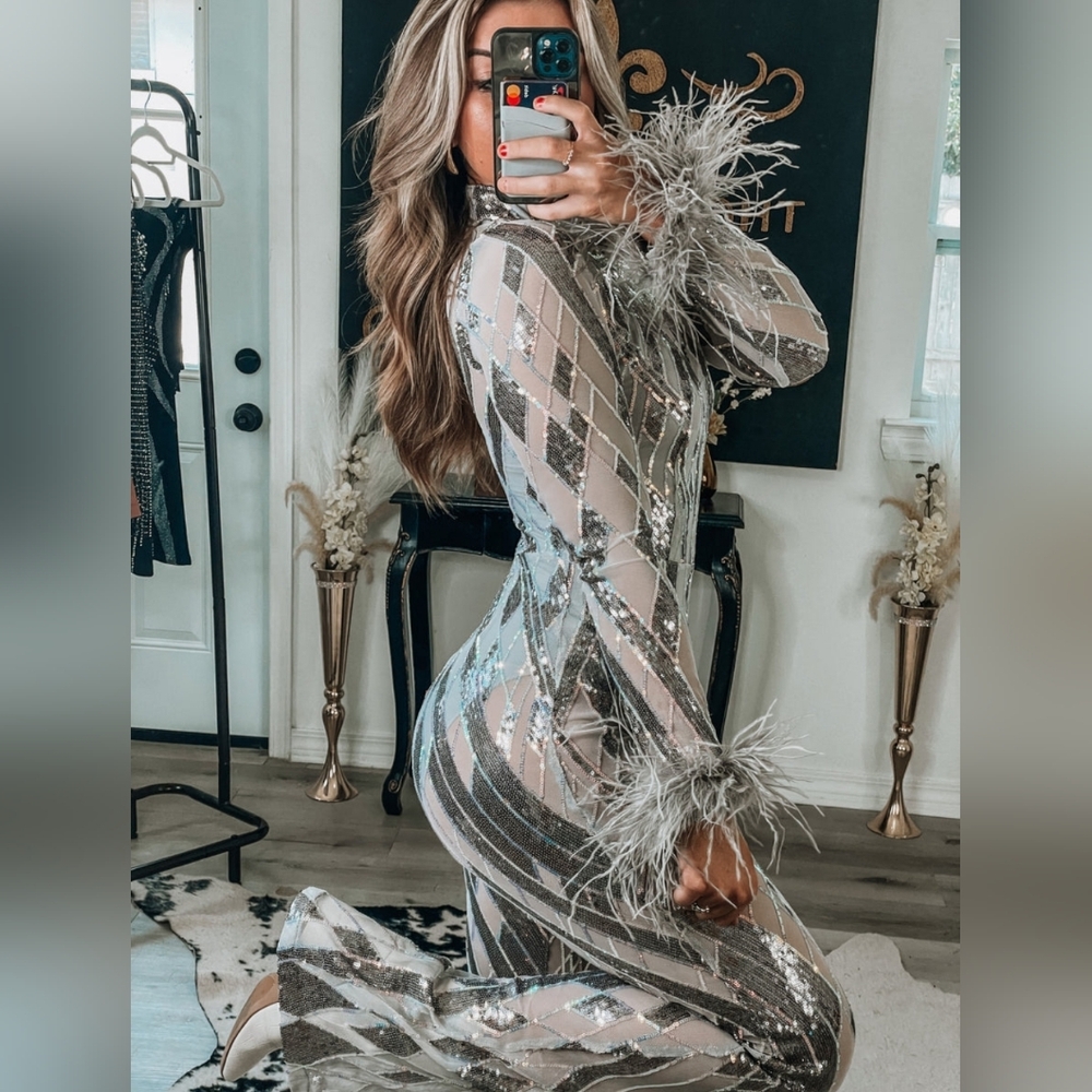 Luxe Silver and Gray Sequin Long Sleeve Dress